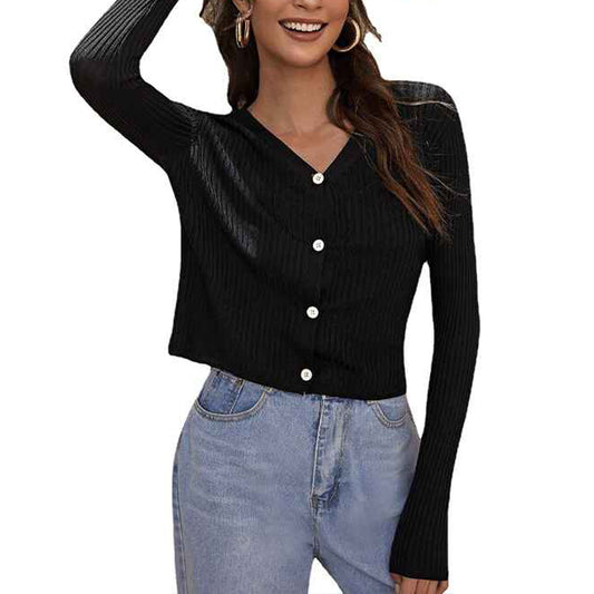 Black-Womens-V-Neck-Round-Neck-Long-Sleeve-Button-Down-Classic-Knit-Cardigan-Sweater-K343