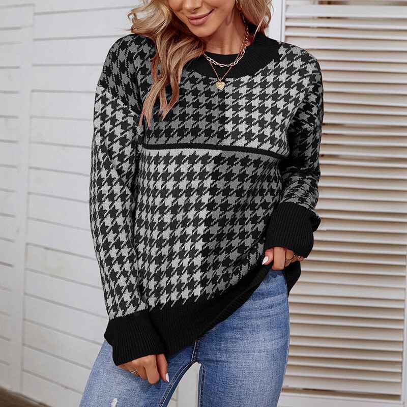 Black-Womens-Y2K-Patterned-Crew-Neck-Long-Sleeve-Sweater-Pullover-Jumper-Top-K491