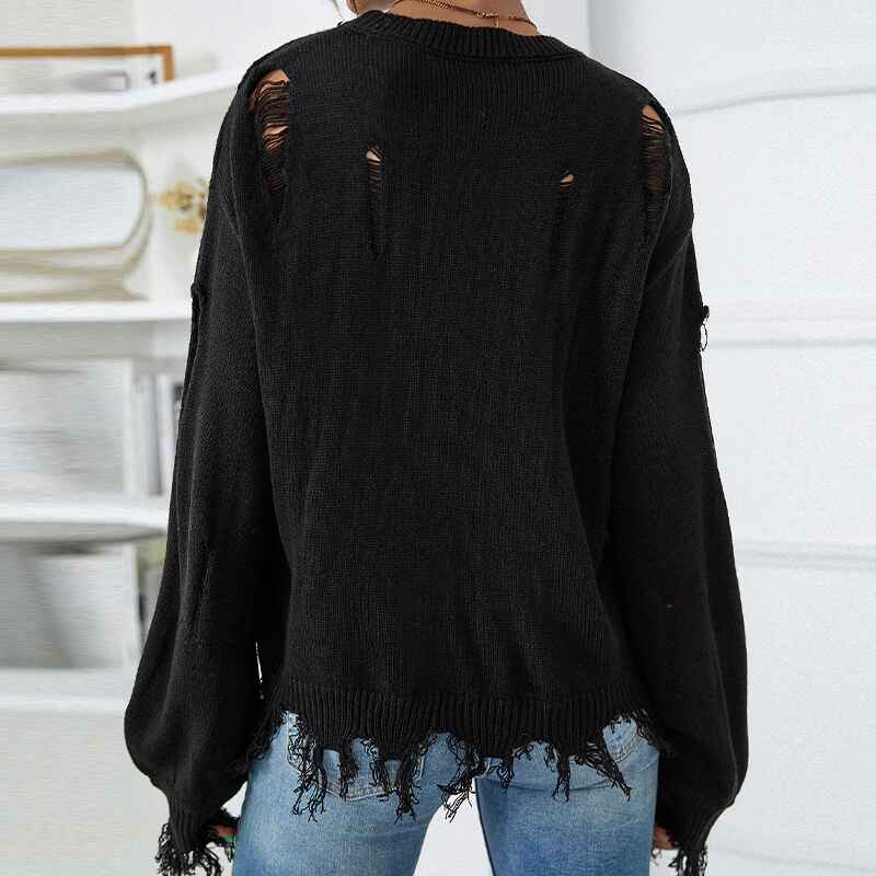 Black-Womens-solid-color-Sweater-Ripped-Long-Sleeve-Round-Neck-Knitwear-Pullover-Tops-K387-Black