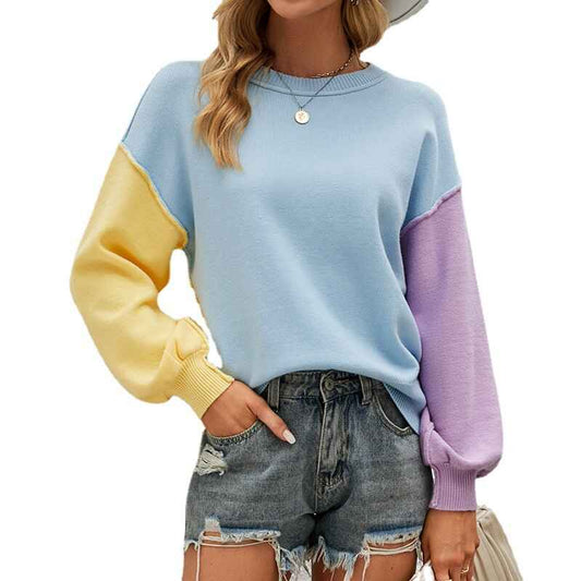 Blue-Womens-Color-Block-Sweater-Round-Neck-Long-Sleeve-Loose-Pullover-Casual-Sweaters-Top-K487