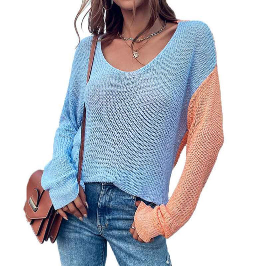 Blue-Womens-Fall-Sweaters-Womens--Autumn-And-Winter-Color-Block-Long-Sleeve-V-Neck-Thermal-Sweater-Casual-Ribbed-Knitted-K220