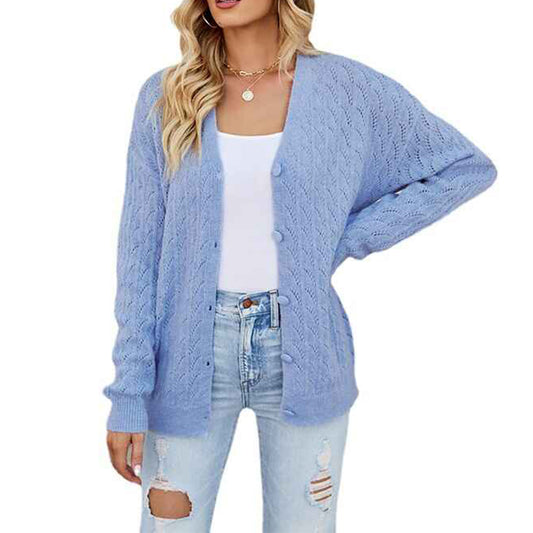 Blue-Womens-Long-Sleeve-Button-Down-Vee-Neck-Classic-Sweater-Knit-Cardigan-K497