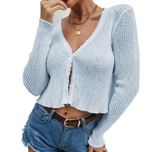 Blue-Womens-Long-Sleeve-Cropped-Cardigan-V-Neck-Solid-Button-Down-Knit-Bolero-Shrugs-K290
