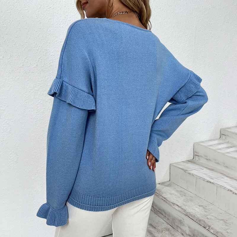 Blue-Womens-V-Neck-Long-Sleeve-Blouse-Loose-Fit-Tunics-Ruffles-Knit-Solid-Color-Tops-Fall-Tee-Shirts-K264-Back