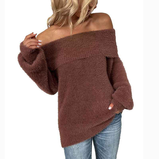 Brown-Womens-Off-Shoulder-Knit-Sweater-Long-Sleeve-Casual-Batwing-Loose-Solid-Pullover-Jumper-K239