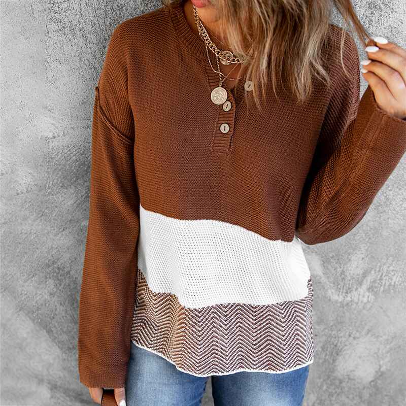Brown-Womens-V-Neck-Sweaters-Fall-Long-Sleeve-Waffle-Knit-Tops-Tunic-Pullover-Sweater-Button-Casual-Henley-Shirts-K169-Front