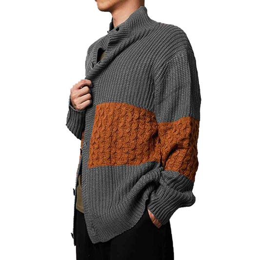    Gray-Mens-Cardigan-Sweater-Stand-Collar-Button-Down-Color-Block-Cable-Knitted-Chunky-Cardigans-G057