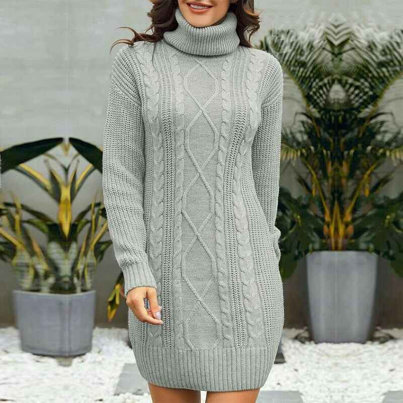 Gray-Women-Turtleneck-Cable-Knit-Sweater-Dress-Casual-Loose-Long-Sleeve-Mini-Pullover-K056-Front
