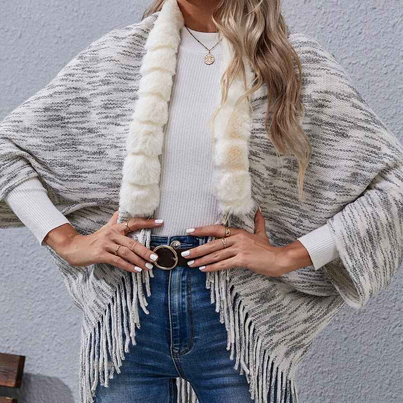Gray-Womens-Elegant-Knitted-Shawl-Poncho-with-Fringed-V-Neck-Striped-Sweater-Pullover-Cape-K379-Front-2