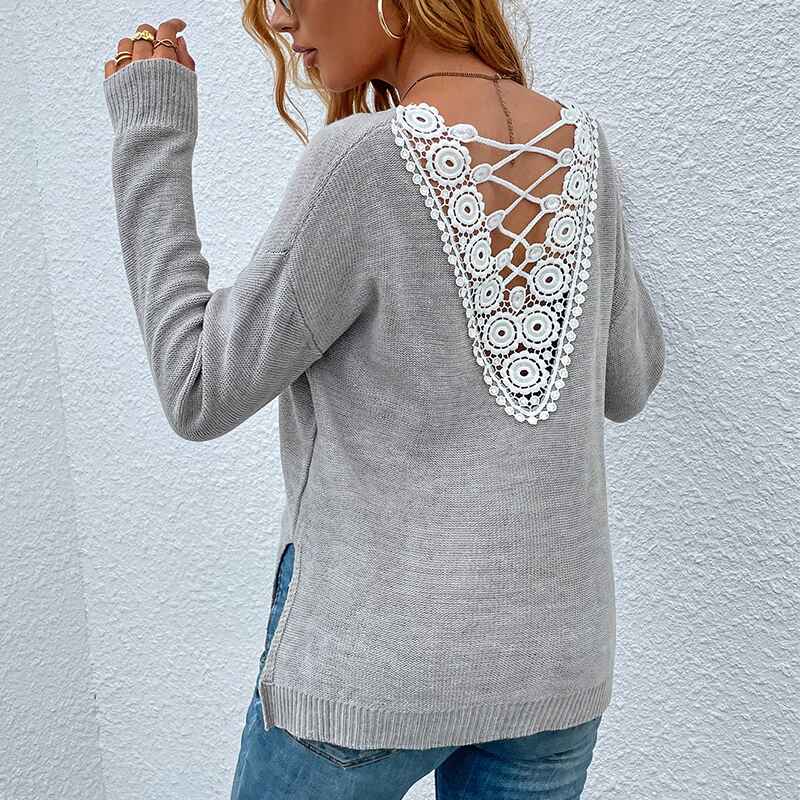 Gray-Womens-Lace-Patchwork-Pullover-Sweater-Backless-V-Neck-Long-Sleeve-Knit-Top-Sexy-Casual-Trendy-Jumpers-K366-Back