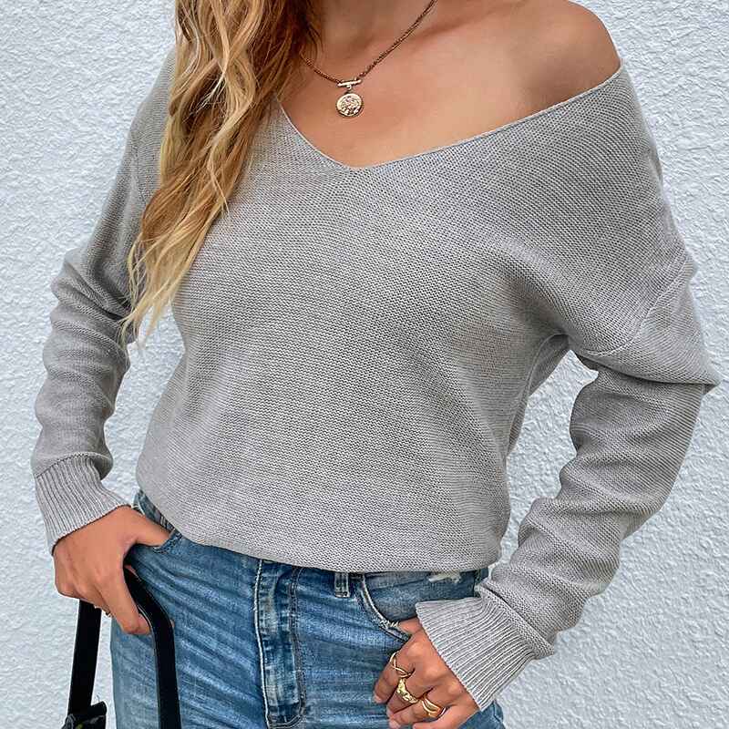 Gray-Womens-Lace-Patchwork-Pullover-Sweater-Backless-V-Neck-Long-Sleeve-Knit-Top-Sexy-Casual-Trendy-Jumpers-K366-Side