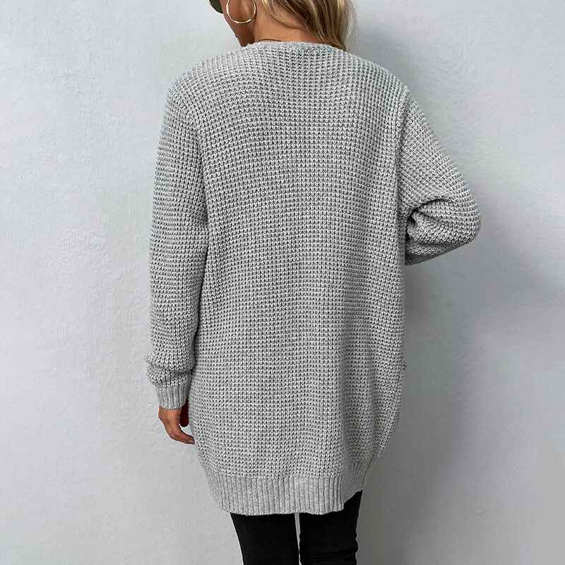     Gray-Womens-Long-Sleeve-Open-Front-Waffle-Chunky-Knit-Cardigan-Sweater-Outwear-with-Pockets-K408-Back