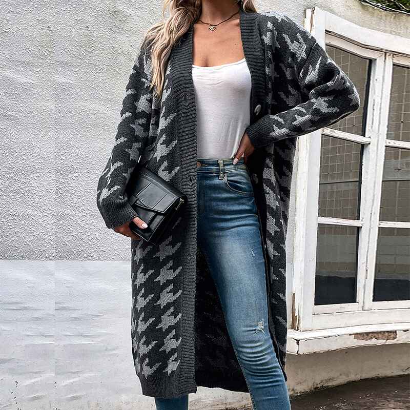 Gray-Womens-Oversized-Houndstooth-Knitted-Cardigan-Sweater-Vintage-V-Neck-Long-Sleeve-Female-Outerwear-Chic-Tops-K397-Front
