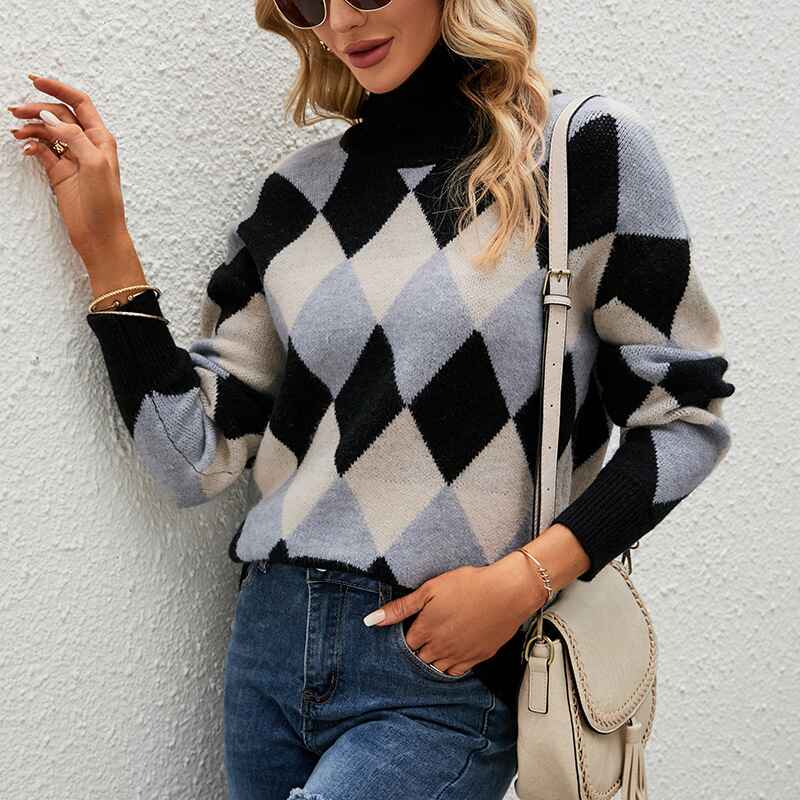 Gray-Womens-Turtleneck-Sweaters-Houndstooth-Pattern-Knit-Sweater-Fall-Winter-Soft-Long-Sleeve-Pullover-Tops-Sweater-K460-side