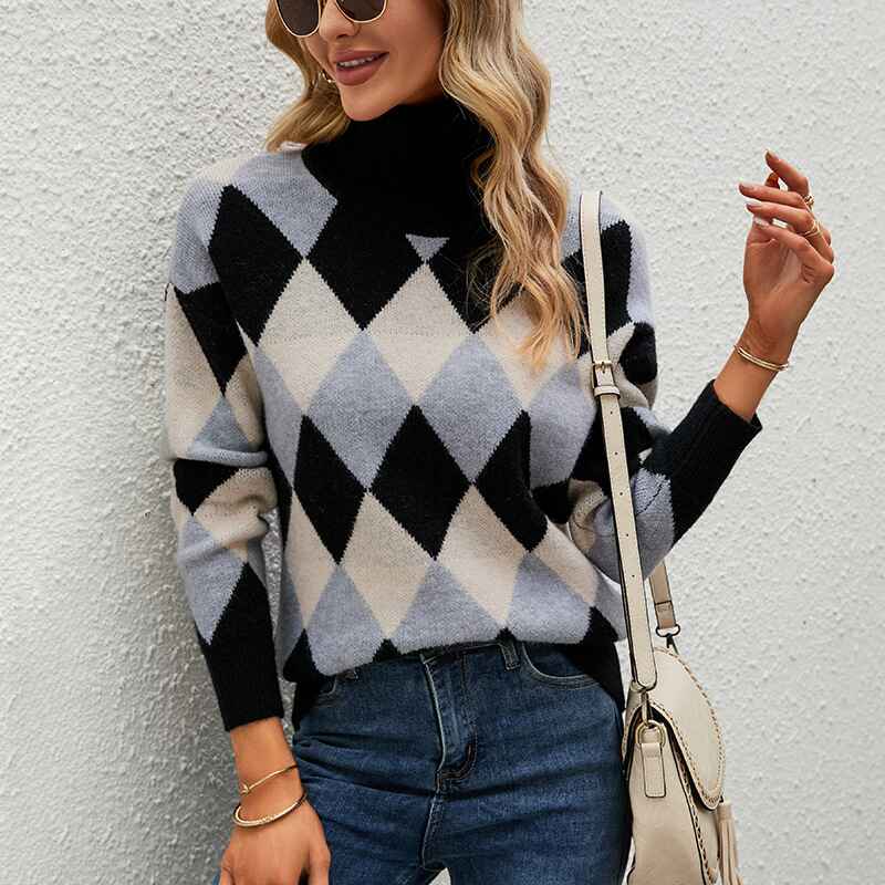 Gray-Womens-Turtleneck-Sweaters-Houndstooth-Pattern-Knit-Sweater-Fall-Winter-Soft-Long-Sleeve-Pullover-Tops-Sweater-K460