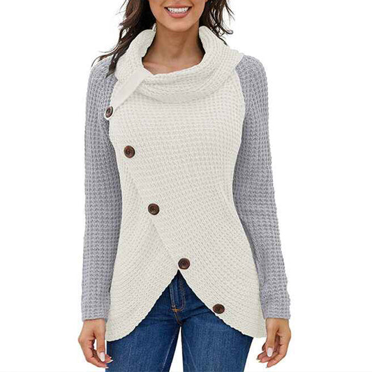 Gray-Womens-Winter-Turtleneck-Color-Block-Chunky-Knitted-Pullover-Button-Decoration-Asymmetric-Loose-Knit-Sweater-K205