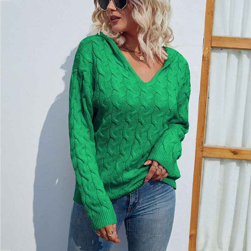 Green-Women-V-Neck-Pullover-Long-Sleeve-Cable-Knit-Casual-Hoodies-Fall-Winter-Lightweight-Sweatshirts-Hooded-Sweater-K255