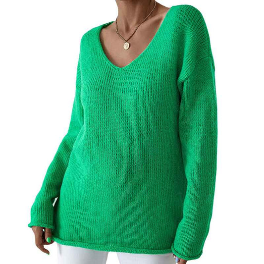 Green-Womens-Cotton-Sweater-Pullover-Relaxed-Fit-V-Neck-Long-Sleeve-Fashion-Knitted-Jumper-K388