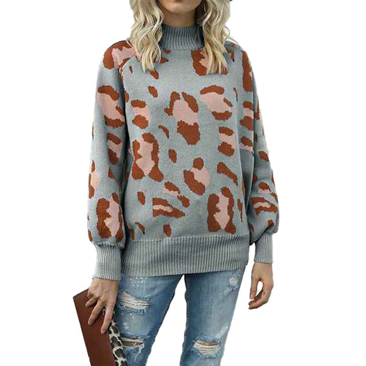 Grey-Womens-Mock-Turtleneck-Lantern-Sleeve-Cable-Knit-Pullover-Sweater-Tops-K283