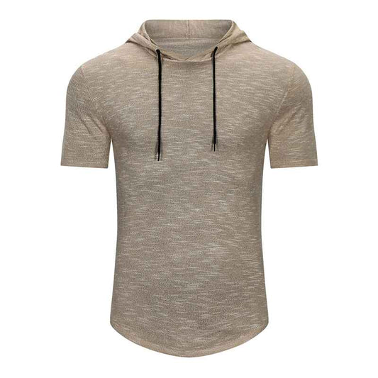 Khaki-Mens-Knit-Short-Sleeve-Hoodie-Lightweight-Hooded-Pullover-T-Shirts-G082-Front