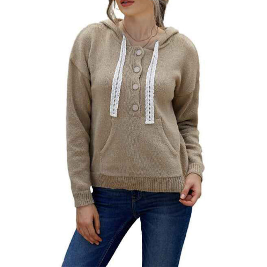 Khaki-Women_s-Pullover-Hoodie-Button-Collar-Drawstring-Long-Sleeve-Sweatshirt-with-Pockets-white-background