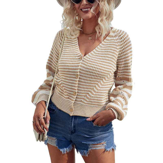 Khaki-Womens-Button-Down-Knitwear-Casual-Long-Sleeve-V-Neck-Open-Front-Striped-Cardigan-Sweater-K230