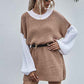 Khaki-Womens-Colorblock-Long-Sleeve-Sweater-Dress-Crew-Neck-Drop-Shoulder-Mini-Dresses-K360-Front