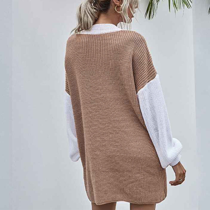 Khaki-Womens-Colorblock-Long-Sleeve-Sweater-Dress-Crew-Neck-Drop-Shoulder-Mini-Dresses-K360-back