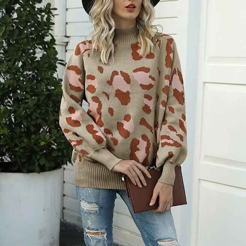 Khaki-Womens-Mock-Turtleneck-Lantern-Sleeve-Cable-Knit-Pullover-Sweater-Tops-K283