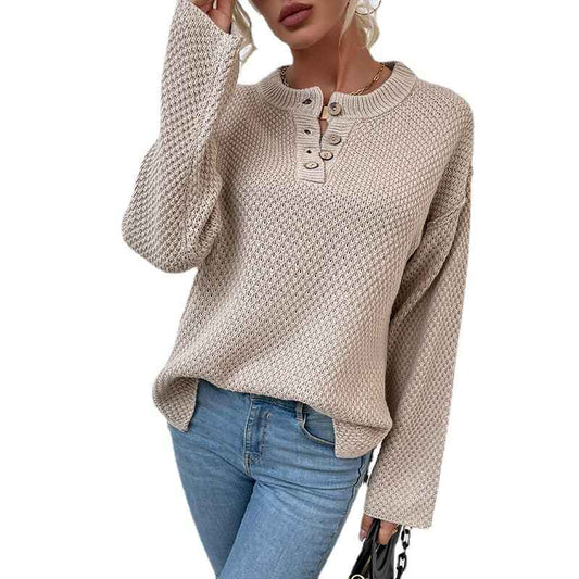 Khaki-Womens-Waffle-Knit-V-Neck-Sweater-Casual-Long-Sleeve-Side-Slit-Button-Henley-Pullover-Jumper-Top-K412