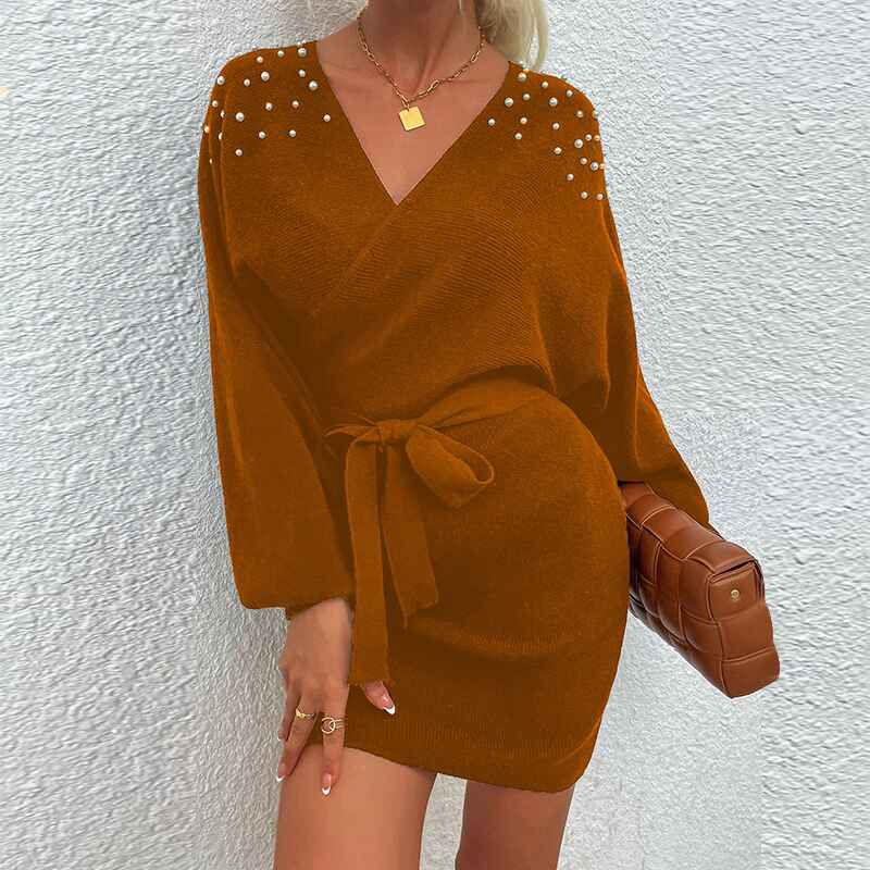 Natural-yellow-Womens-Sexy-Cocktail-Batwing-Long-Sleeve-Backless-Mock-Wrap-Knit-Sweater-Mini-Dress-K299