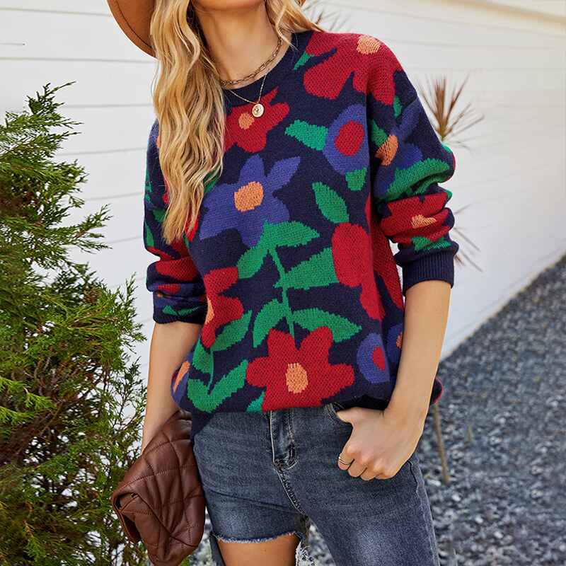 Navy-Womens-Crewneck-Long-Sleeve-Floral-Printed-Knitted-Sweater-Pullover-Tops-K430-Front
