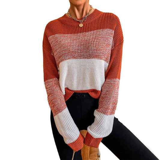 Orange-Womens-Crew-Neck-Long-Sleeve-Color-Block-Knit-Sweater-Casual-Pullover-Jumper-Tops-K333