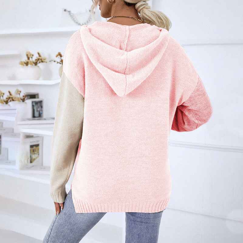 Pink-Womens-Color-Block-Lightweight-Long-Sleeve-Pullover-Hoodie-K427-Back