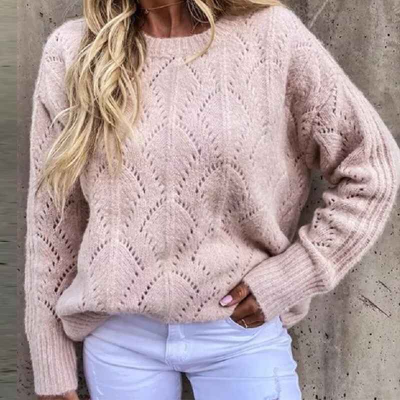 Pink-Womens-Fall-Puff-Long-Sleeve-Pullover-Sweaters-Tops-Soft-Dot-Crew-Neck-Shirt-Lightweight-Hollow-Out-Knit-Sweater-K041