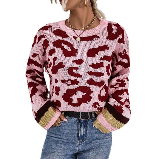 Pink-Womens-Leopard-Pullover-Sweater-Casual-Sweatshirt-Crew-Neck-Long-Sleeve-Knit-Tops-K477
