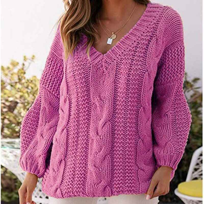 Purple-Womens-Deep-V-Neck-Sweater-Cable-Knit-Pullover-Jumper-Casual-Long-Sleeve-Loose-Tops-Knitwear-K045