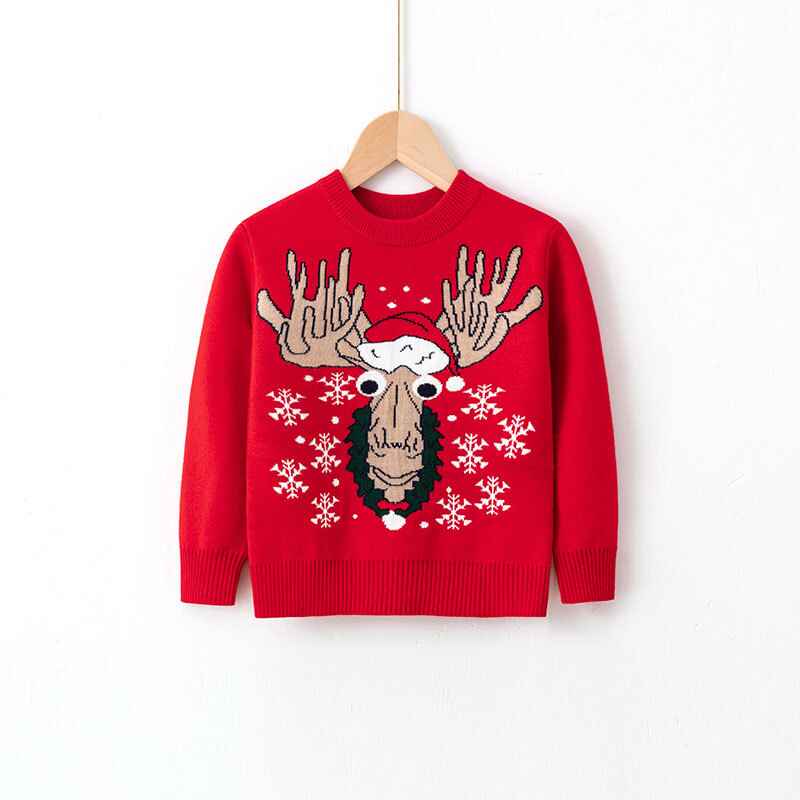Red-Girls-And-Boys-Long-Sleeve-Knit-Elk-Christmas-Sweater-Tops-V036