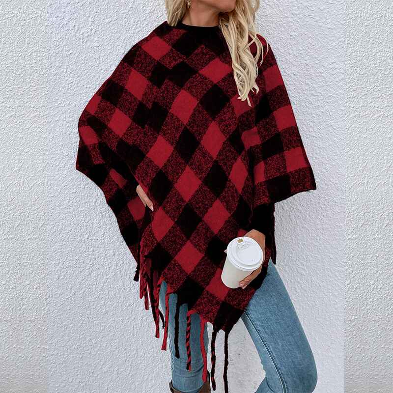 Red-Womens-Boho-Open-Front-Poncho-Cape-Oversize-Knitted-Plaid-Shawl-Wrap-Cardigan-Sweater-K323