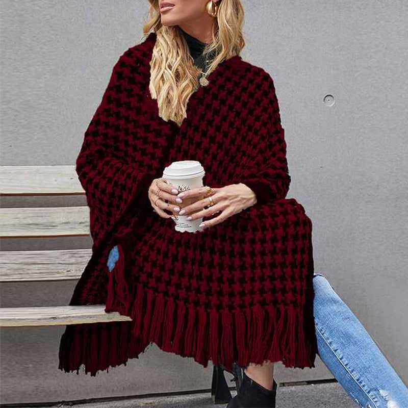 Red-Womens-Vintage-Plaid-Knitted-Tassel-Poncho-Shawl-Cape-Button-Cardigan-K311