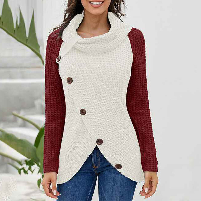 Red-Womens-Winter-Turtleneck-Color-Block-Chunky-Knitted-Pullover-Button-Decoration-Asymmetric-Loose-Knit-Sweater-K205