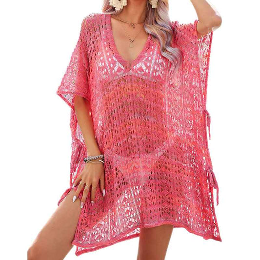 Watermelon-Red-Womens-Swimwear-Beach-Bikini-Swimsuit-Pool-Crochet-Side-Split-Dress-Front-1