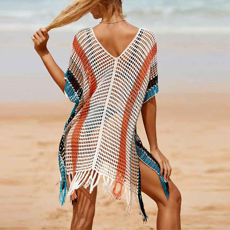 White-Stripe-Womens-beach-color-matching-hollow-knitted-blouse-sunscreen-knitted-dress-Back