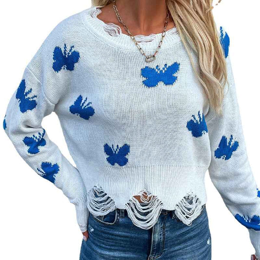 White-Womens-Crew-Neck-Long-Sleeve-Striped-Color-Block-Knitted-Pullover-Sweaters-Tops-K332-Front