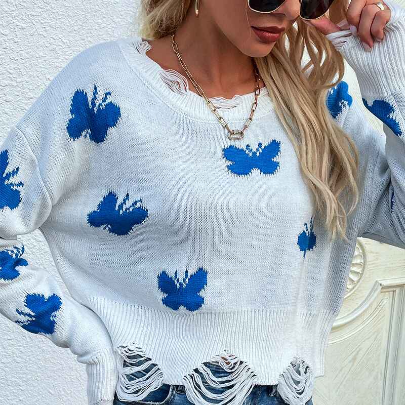 White-Womens-Crew-Neck-Long-Sleeve-Striped-Color-Block-Knitted-Pullover-Sweaters-Tops-K332