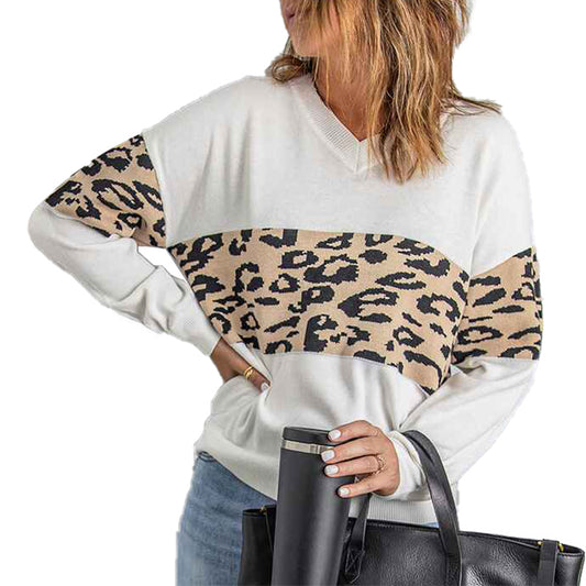 White-Womens-High-density-Lightweight-Chic-Knit-Pullover-Sweaters-Tunic-Tops-Leopard-Striped-Warm-Soft-Winter-K168-Front