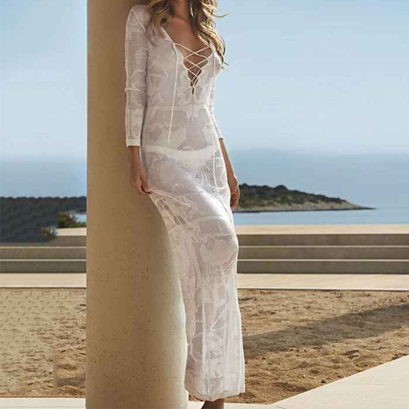 White-Womens-Knitted-Long-Skirt-Chest-Strap-Beach-Dress-Beach-Dress-Blouse-Knitted-Sun-Protection-Clothes