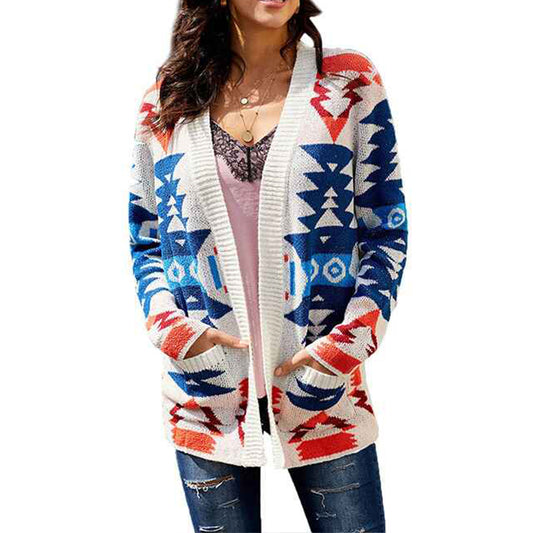 White-Womens-Open-Front-Aztec-Cardigan-Pockets-Long-Sleeve-Knit-Sweater-Coat-K098