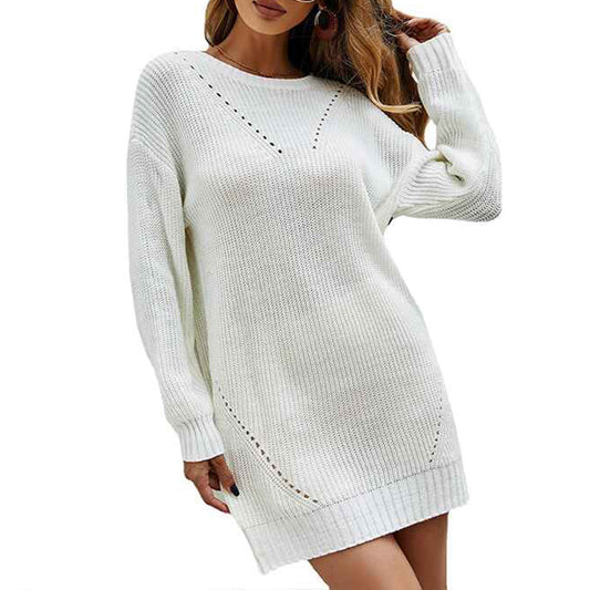 White-Womens-Sweater-Dress-Casual-Crew-Neck-Long-Sleeve-Knitted-Pullover-Dress-K330