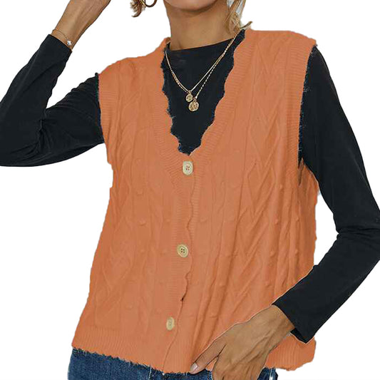 Women-Cable-Knit-Sweater-Vest-Button-Down-Sleeveless-Classic-Cardigan-Vests-orange